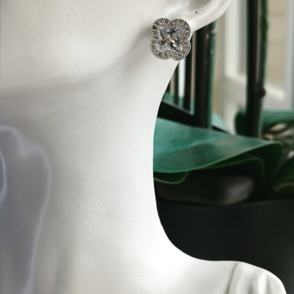 CZ clover Earrings in 14k white gold overlay - Picture 2 of 6